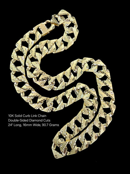 10k solid curb link chain double-sided diamond cut 24” long, 16mm wide, 90.7g