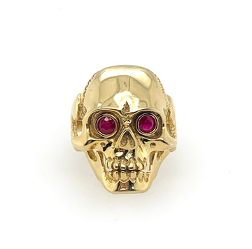 Natural Ruby-Eyes Skull Mens 10K Gold Ring