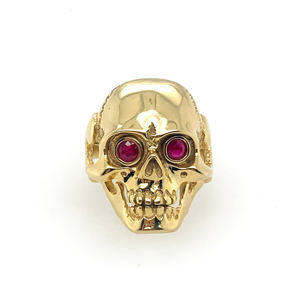 Natural Ruby-Eyes Skull Mens 10K Gold Ring