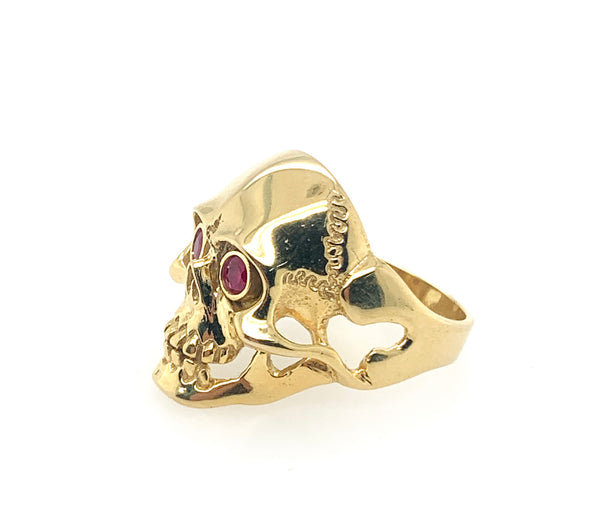 Natural Ruby-Eyes Skull Mens 10K Gold Ring
