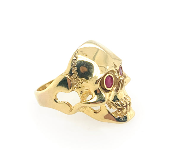 Natural Ruby-Eyes Skull Mens 10K Gold Ring