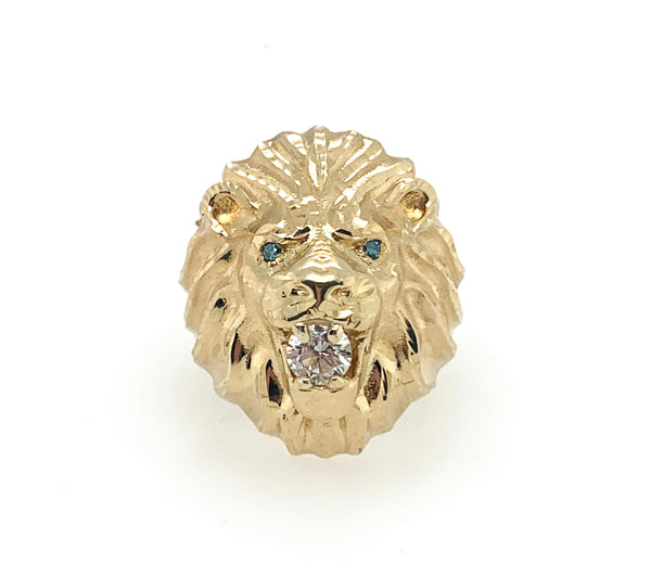 Blue Diamond-Eyes Lion Head 10K Gold Mens Ring