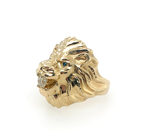 Blue Diamond-Eyes Lion Head 10K Gold Mens Ring