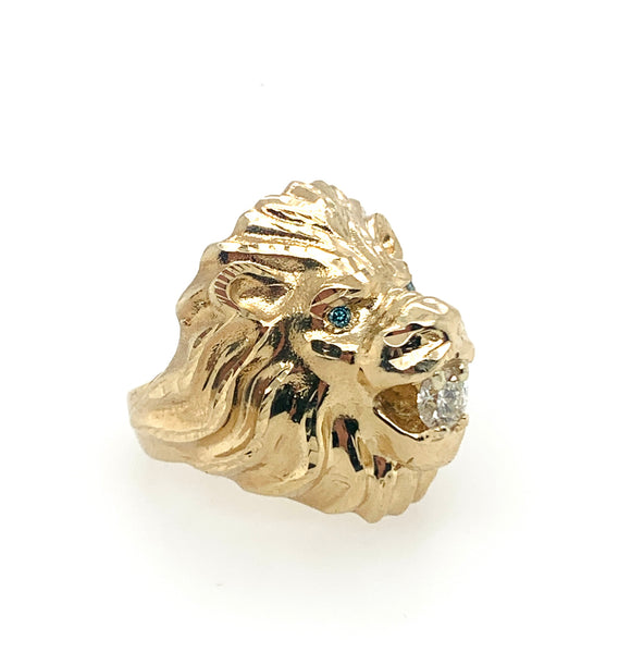 Blue Diamond-Eyes Lion Head 10K Gold Mens Ring