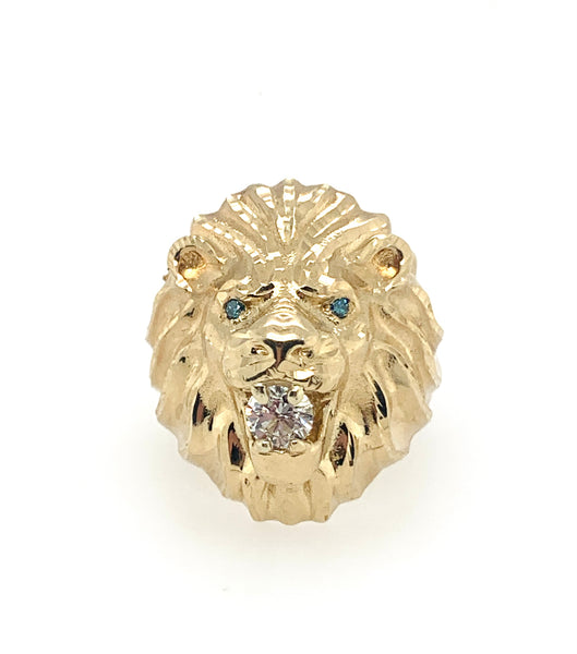 Blue Diamond-Eyes Lion Head 10K Gold Mens Ring
