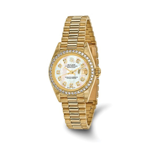 Women's Rolex-Independently Certified 18k 26mm Case Presidential Mother of Pearl Diamond Dial and Bezel Watch