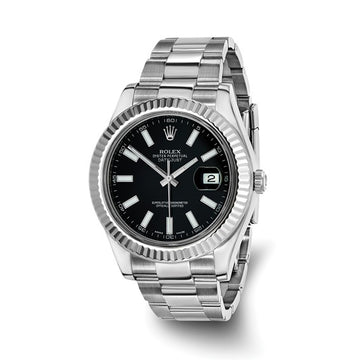 Men's Rolex-Independently Certified Stainless Steel 41mm OYSTER Datejust II With BLACK Dial and 18k White Fluted Bezel