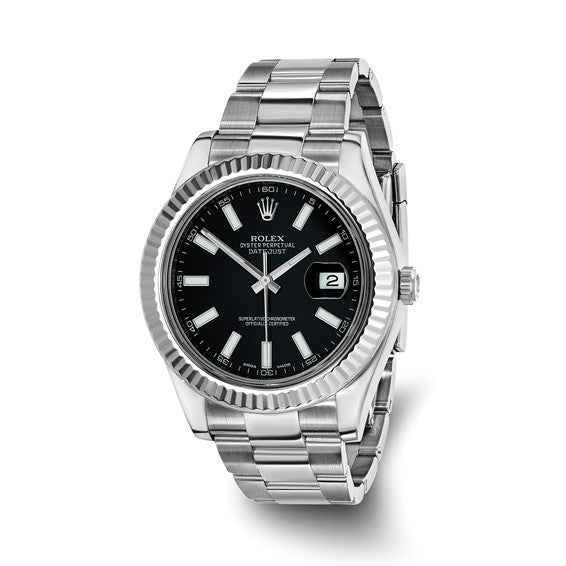Men’s Rolex-Independently Certified Stainless Steel 41mm OYSTER Datejust II With BLACK Dial and 18k White Fluted Bezel