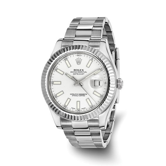 Men’s Rolex-Independently Certified Stainless Steel 41mm OYSTER Datejust II With White Dial and 18k White Fluted Bezel