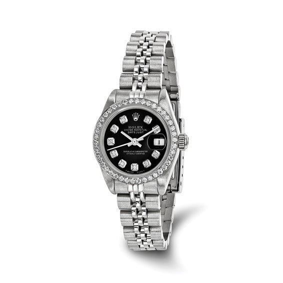 Women's Rolex-Independently Certified Steel 26mm Jubilee Datejust Black Diamond Dial and Bezel Watch