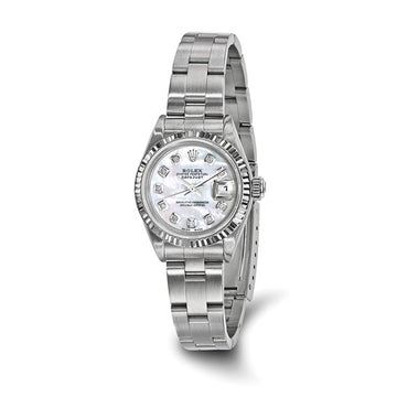 Women's Rolex-Independently Certified Steel 26mm Oyster Datejust Mother of Pearl Diamond Dial and 18k Fluted Bezel Watch