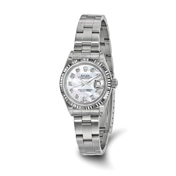 Women's Rolex-Independently Certified Steel 26mm Oyster Datejust Mother of Pearl Diamond Dial and 18k Fluted Bezel Watch