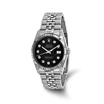 Rolex-Independently Certified Steel 36mm Jubilee Datejust Black Diamond Dial and 18k Fluted Bezel Watch