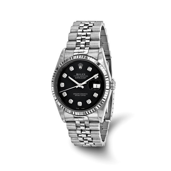 Rolex-Independently Certified Steel 36mm Jubilee Datejust Black Diamond Dial and 18k Fluted Bezel Watch