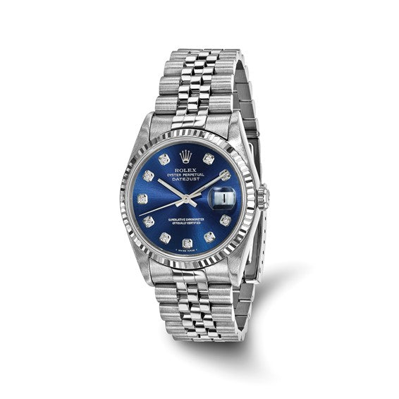 Men’s Rolex-Independently Certified Steel 36mm Jubilee Datejust Blue Diamond Dial and 18k Fluted Bezel Watch
