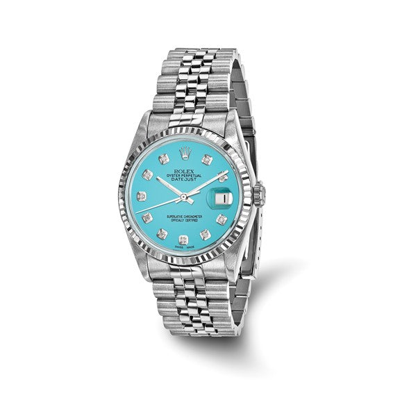 Men's Rolex-Independently Certified Steel 36mm Jubilee Datejust Teal Diamond Dial and 18k Fluted Bezel Watch