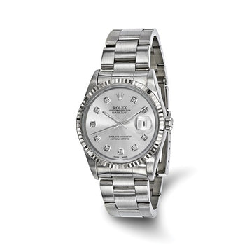 Men’s Rolex-Independently Certified Steel 36mm Oyster Datejust Silver Diamond Dial and 18k Fluted Bezel Watch