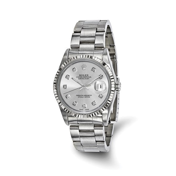 Men’s Rolex-Independently Certified Steel 36mm Oyster Datejust Silver Diamond Dial and 18k Fluted Bezel Watch