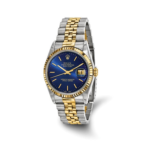Men's Rolex-Independently Certified Steel and 18k 36mm Jubilee Datejust Blue Dial and Fluted Bezel Watch