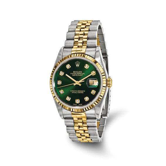 Men's Rolex-Independently Certified Steel and 18k 36mm Jubilee Datejust Green Diamond Dial and Fluted Bezel Watch