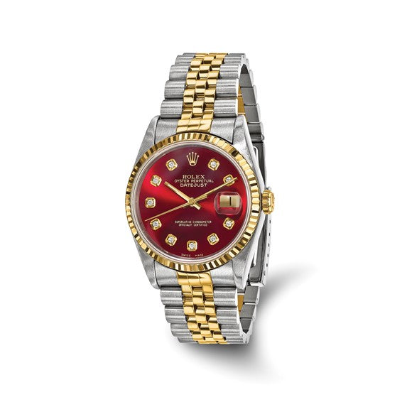Men's Rolex-Independently Certified Steel and 18k 36mm Jubilee Datejust Red Diamond Dial and Fluted Bezel Watch