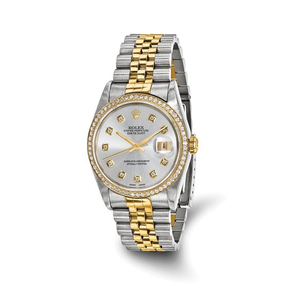 Men's Rolex-Independently Certified Steel and 18k 36mm Jubilee Datejust Silver Diamond Dial and Bezel Watch