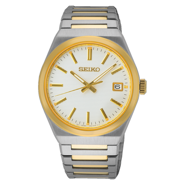 Seiko SUR558 – Elegant Gold & White Quartz Watch
