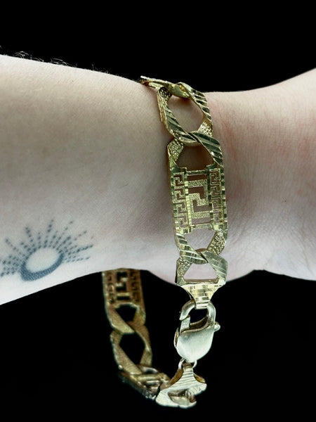 10KT Yellow Gold Diamond Cut Nugget Pressed Greek Figaro Chainlink Bracelet