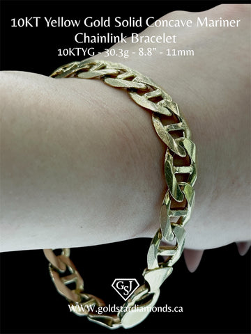 10KT Yellow Gold Solid Concave Mariner Chainlink Bracelet