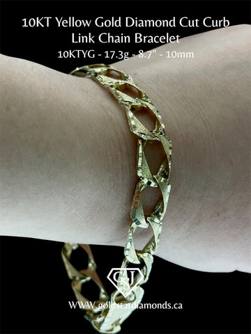 10KT Yellow Gold Diamond Cut Curb Link Chain Bracelet