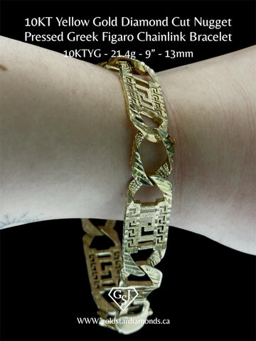 10KT Yellow Gold Diamond Cut Nugget Pressed Greek Figaro Chainlink Bracelet