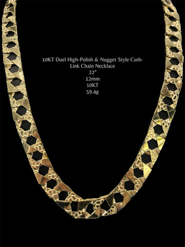 10KT Duel High-Polish & Nugget Style Curb-Link Chain Necklace