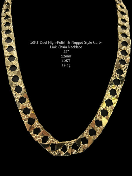 10KT Duel High-Polish & Nugget Style Curb-Link Chain Necklace
