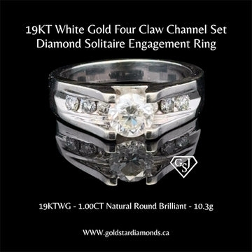19KT White Gold Four Claw Channel Set Diamond Solitaire Engagement Ring