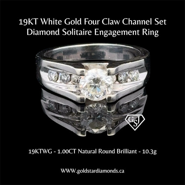 19KT White Gold Four Claw Channel Set Diamond Solitaire Engagement Ring