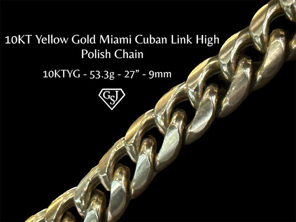 10KT Yellow Gold Miami Cuban Link High Polish Chain