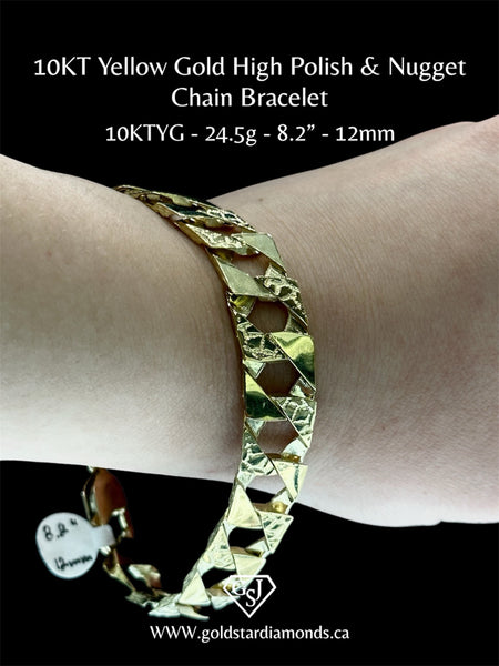 10KT Yellow Gold High Polish & Nugget Chain Bracelet