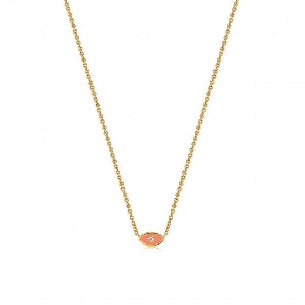 Sterling Silver Gold Plated Orange Enamel Evil Eye Necklace (N-1502-OR)